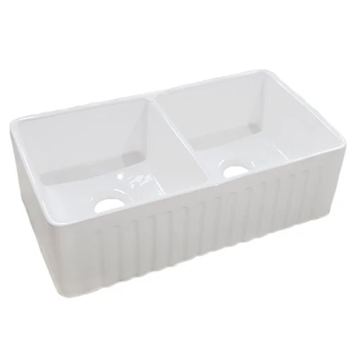 Dakota Sinks DSE-FCA5050S Signature Elements Series 33 1/4 Inch Fire Clay Double Bowl Reversible Apron Front Kitchen Sink - Rcy 3d
