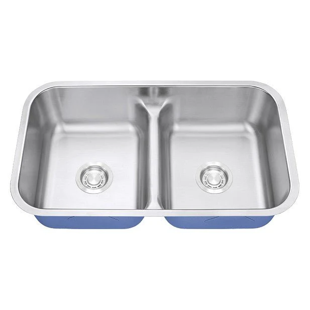 Dakota Sinks DSR-5050LD Signature R-Series 32 1/4 Inch Standard Radius 50/50 Low Divide Double Bowl Undermount Stainless Steel Kitchen Sink with Bottom Grid - Rcy 3d