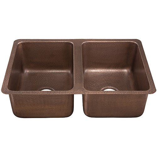 Dakota Sinks DSE-HC5050 Signature Elements Series 32 1/4 Inch 50/50 Handmade Copper Double Bowl Undermount Kitchen Sink - Hammered Copper - Rcy 3d