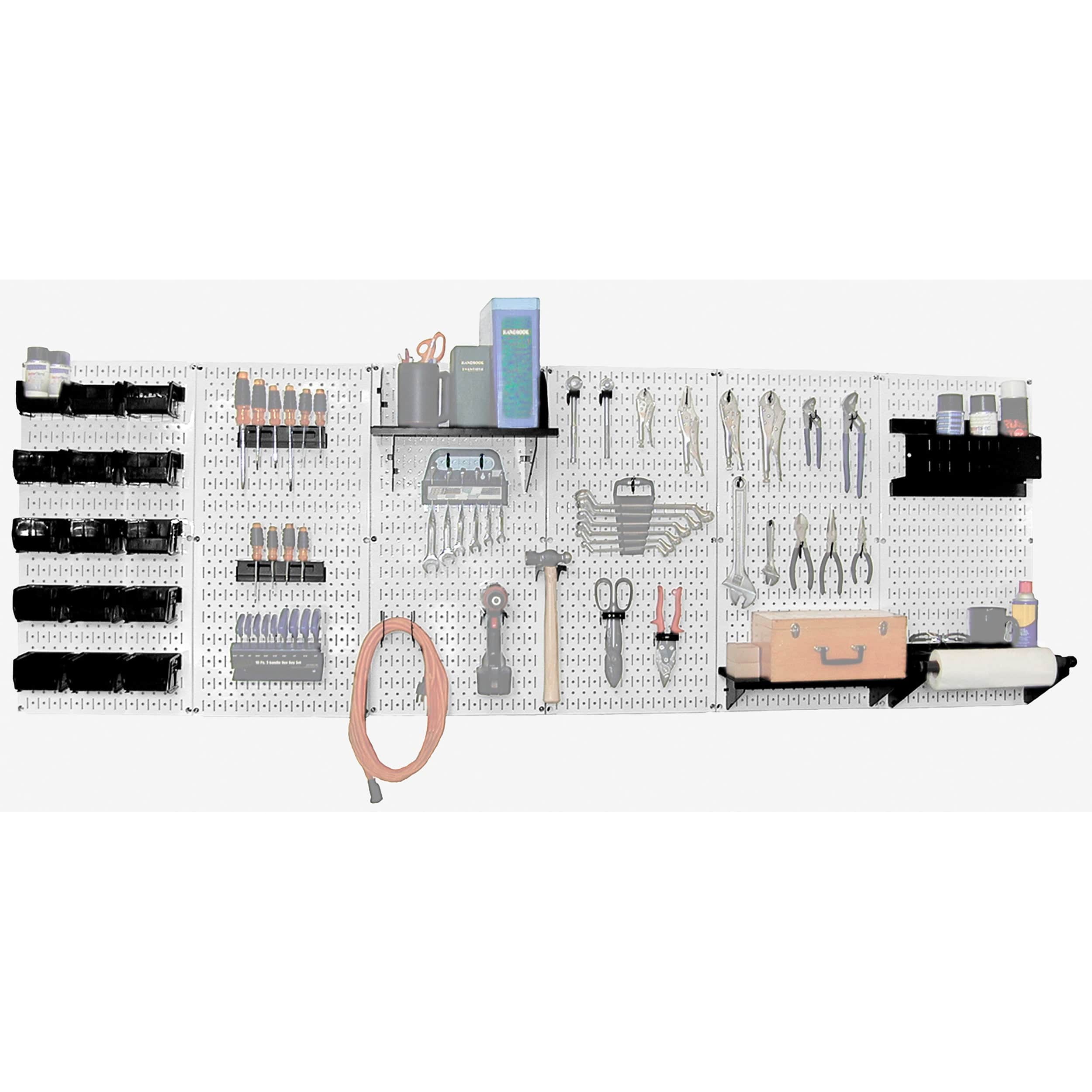 Steel Pegboard, Master Workbench Kit in White with Black Accessories, 8' of Coverage - Rcy 3d