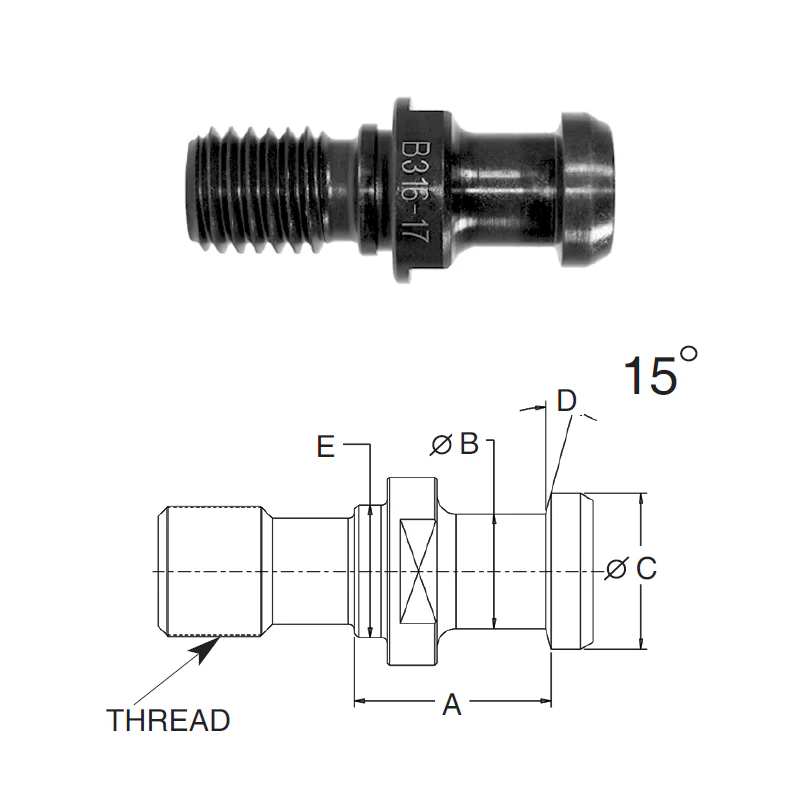 Briney B316-17-HTHS: High Torque Pull Stud (Retention Knob) For V-Flange Tooling, CAT40 Taper, 5/8-11 Thread, 15° Angle - Rcy 3d