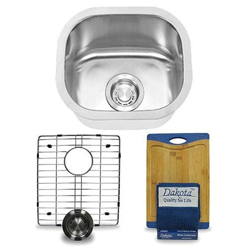 Dakota Sinks DSR-1513 Signature R-Series 14 1/2 Inch Standard Radius Single Bowl Undermount Stainless Steel Bar Sink with Bottom Grid - Rcy 3d