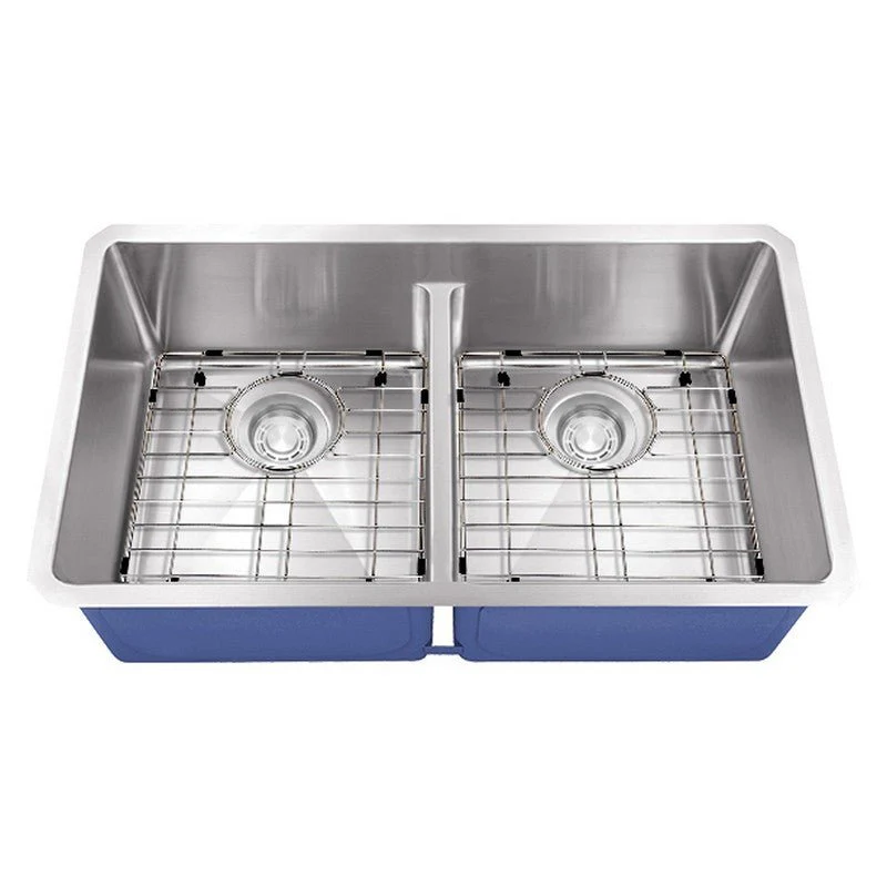 Dakota Sinks DSM-5050LD Signature M-Series 32 Inch Micro Radius 50/50 Low Divide Double Bowl Undermount Kitchen Sink with Bottom Grid - Rcy 3d