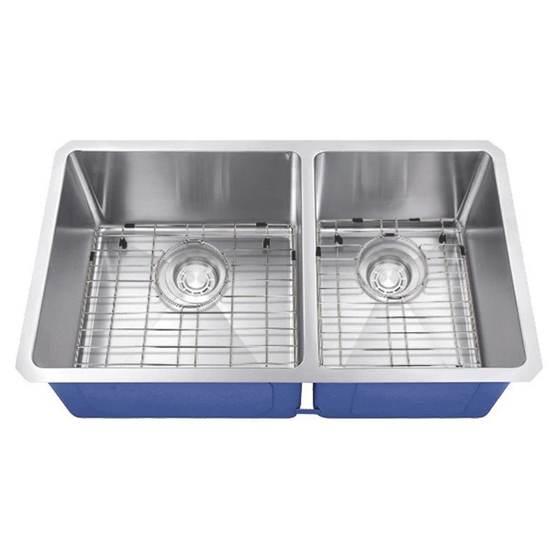 Dakota Sinks DSM-6040 Signature M-Series 32 Inch Micro Radius 60/40 Double Bowl Under-mount Kitchen Sink with Bottom Grid - Rcy 3d