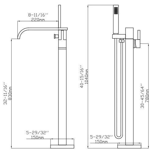 Dakota Sinks DSF-00BTF03CR Signature 41 Inch Floor Mounted Bathtub Filler - Rcy 3d