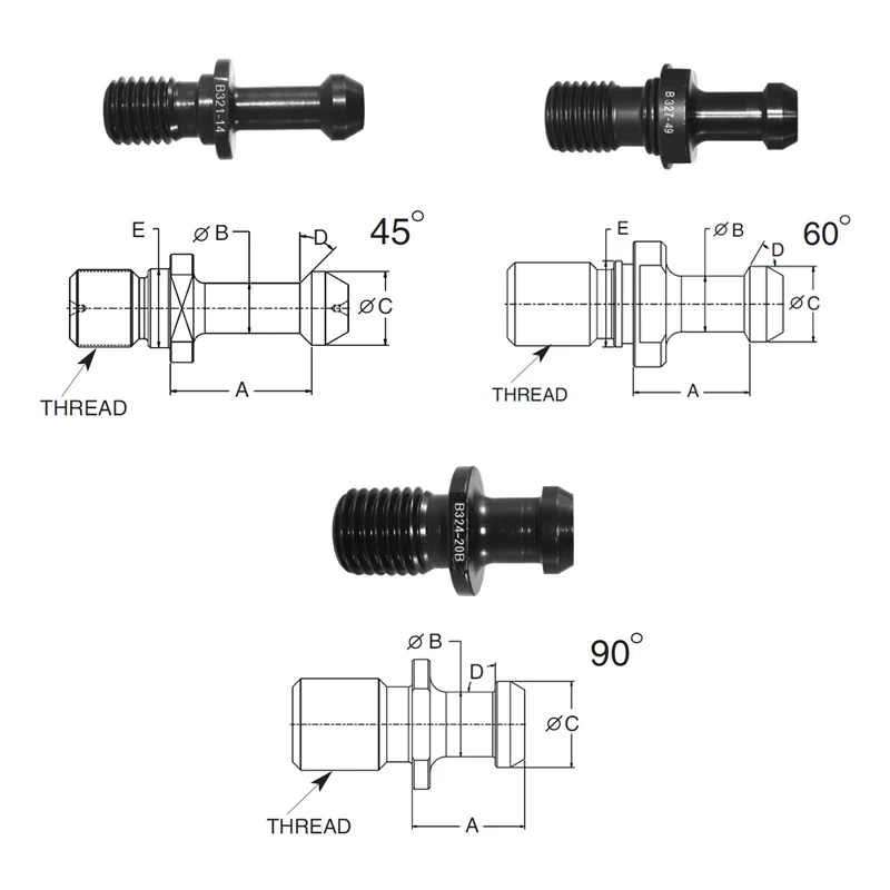 Briney B171-22: Standard Pull Stud (Retention Knob) For V-Flange Tooling, CAT40 Taper, 5/8-11 Thread, 45° Angle - Rcy 3d
