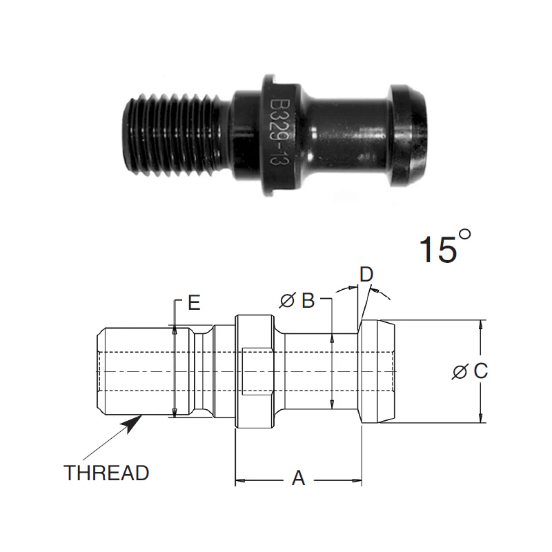 Briney B329-13-HTHS: High Torque Pull Stud (Retention Knob) For V-Flange Tooling, BT40 Taper, M16x2 Thread, 15° Angle - Rcy 3d