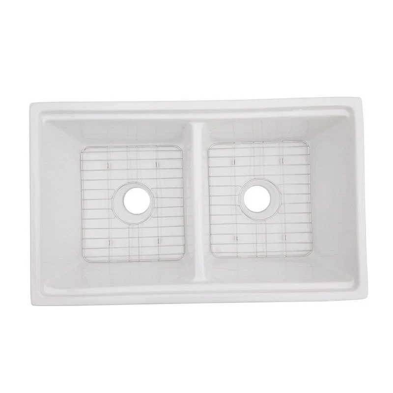 Dakota Sinks DSE-FCAL5050S Signature Elements Series 33 Inch Fire Clay Double Bowl Reversible Apron Front Kitchen Sink with Accessory Ledges - Rcy 3d