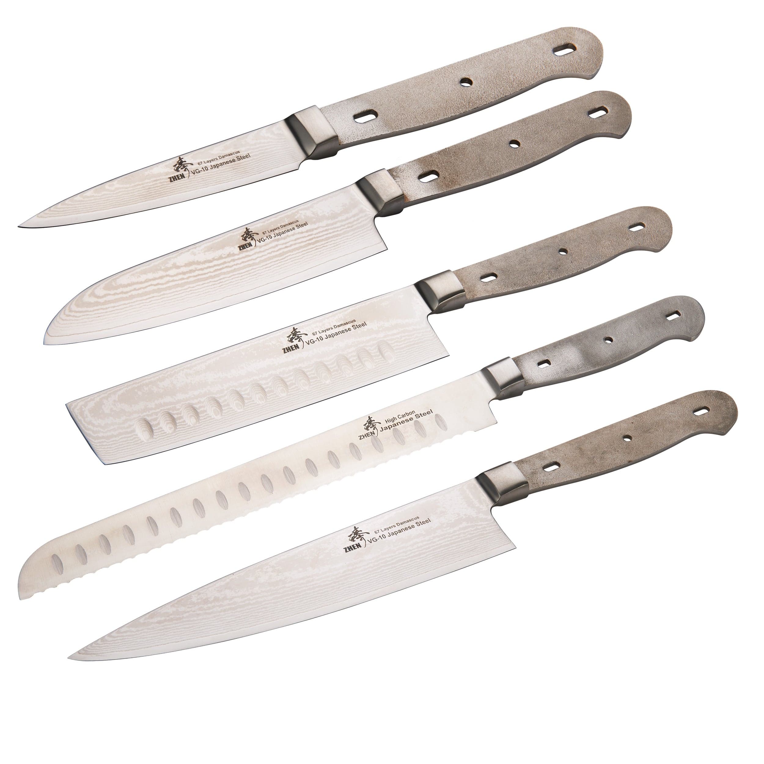 Kitchen Knife Set - Nakiri Chef Santoku Paring and Bread Knife - Damascus - Unfinished Kit - 5 Piece - Rcy 3d