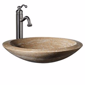 Dakota Sinks DSE-NSV01 Signature Elements Series 19 1/8 Inch Travertine Single Bowl Round Bathroom Vessel Sink - Polished Beige - Rcy 3d