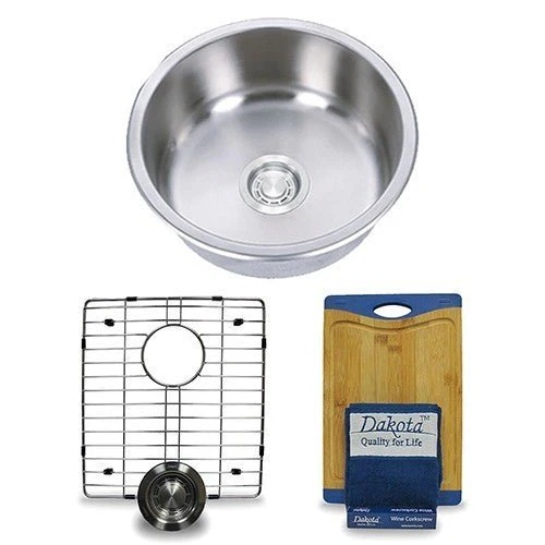 Dakota Sinks DSR-167R Signature R-Series 17 1/8 Inch Standard Radius Single Bowl Undermount Stainless Steel Round Bar Sink with Bottom Grid - Rcy 3d