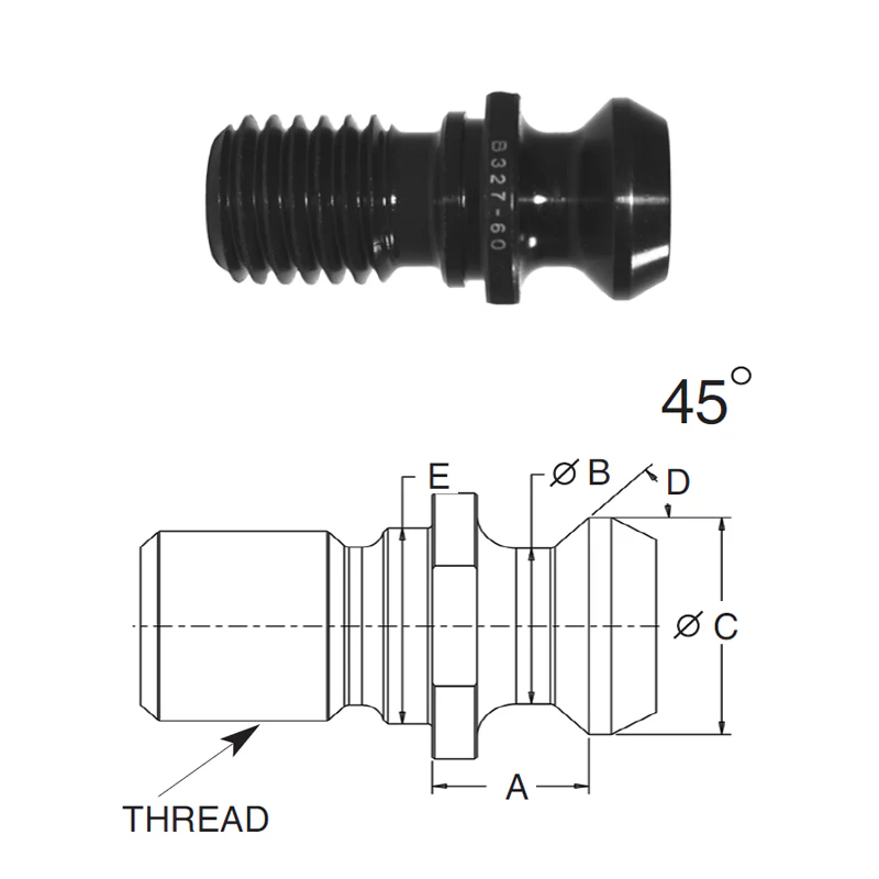 Briney B312-26: Standard Pull Stud (Retention Knob) For V-Flange Tooling, CAT40 Taper, 5/8-11 Thread, 45° Angle - Rcy 3d