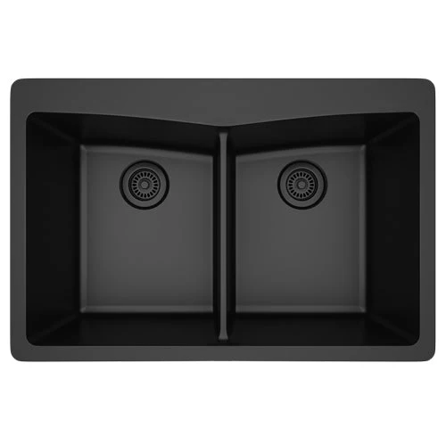 Dakota Sinks GSE-QC5050-W Builders Elements Series 33 Inch Quartz Composite 50/50 Low Divide Double Bowl Undermount Kitchen Sink - Rcy 3d