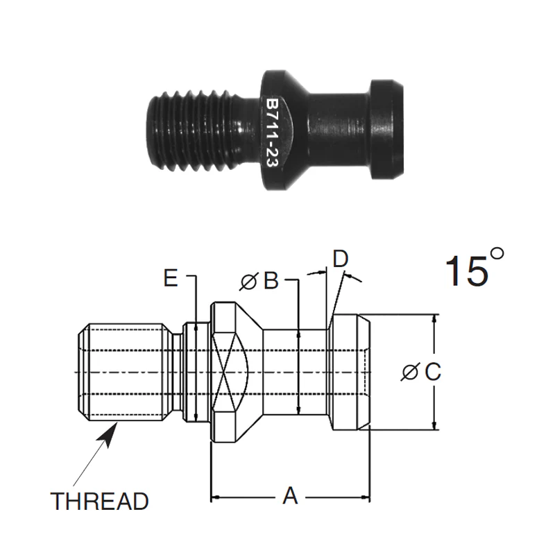 Briney B711-45-HTHS: High Torque Pull Stud (Retention Knob) For V-Flange Tooling, CAT50 Taper, 1-8 Thread, 15° Angle - Rcy 3d
