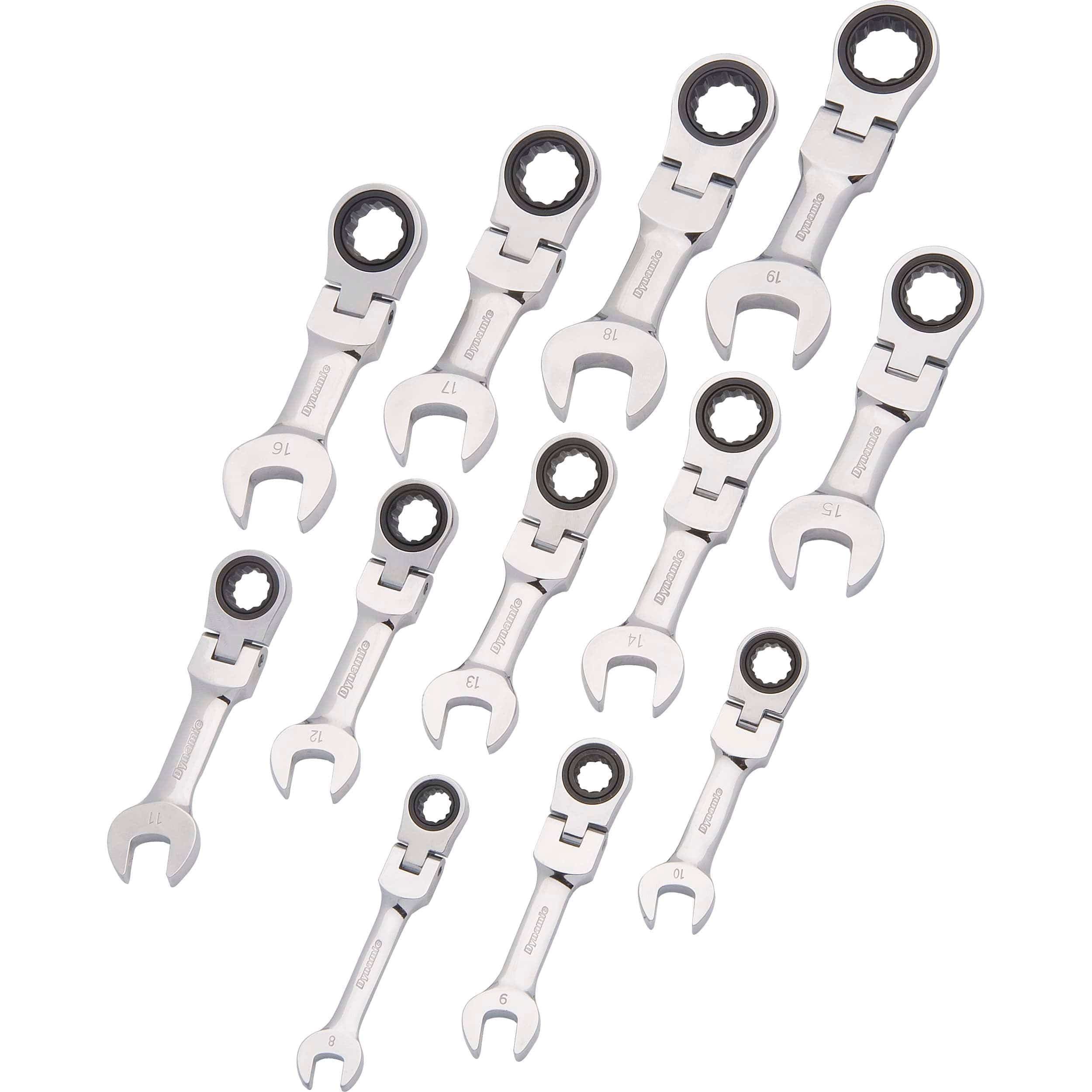 Ratcheting Wrench Set, 12pc, Metric, Stubby Flex Head Combination 8mm - 19mm - Rcy 3d