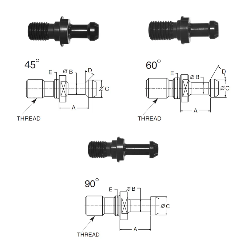 Briney B311-18B: Standard Pull Stud (Retention Knob) For V-Flange Tooling, CAT50 Taper, 1-8 Thread, 90° Angle - Rcy 3d