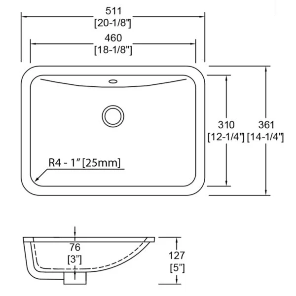 18″ x 12″ Porcelain Undermount Rectangle Lavatory Sink - Rcy 3d