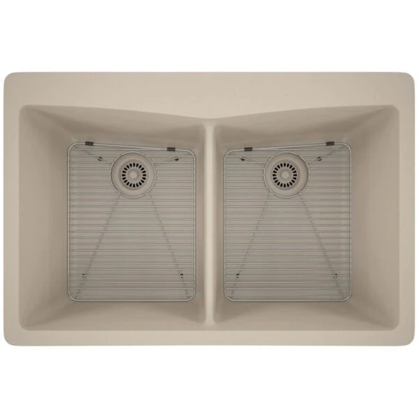 Dakota Sinks GSE-QC5050-W Builders Elements Series 33 Inch Quartz Composite 50/50 Low Divide Double Bowl Undermount Kitchen Sink - Rcy 3d