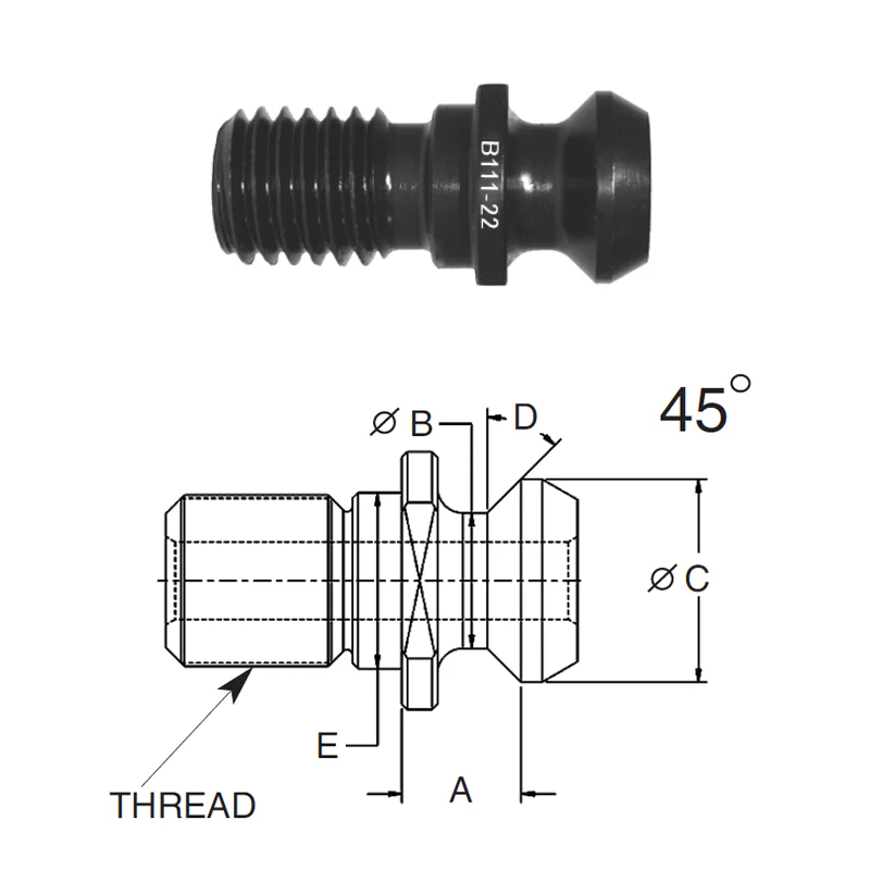 Briney B111-23-HTHS: High Torque Pull Stud (Retention Knob) For V-Flange Tooling, CAT40 Taper, 5/8-11 Thread, 45° Angle - Rcy 3d